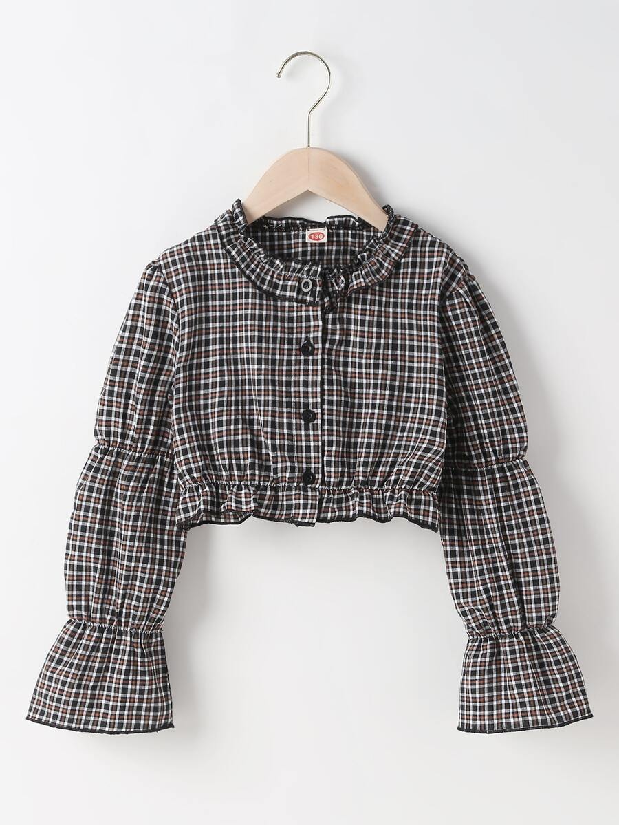 Áo cánh Gái viền lá sen Xù Nút phía trước Sọc ca rô Dễ thương - Nhiều màu - Xem 1