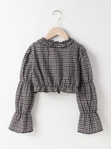 Áo cánh Gái viền lá sen Xù Nút phía trước Sọc ca rô Dễ thương - Nhiều màu - Xem 2
