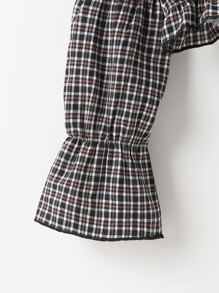 Áo cánh Gái viền lá sen Xù Nút phía trước Sọc ca rô Dễ thương - Nhiều màu - Xem 3