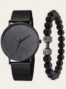 1pc Men Mesh Strap Round Pointer Quartz Watch & 1pc Bracelet As A Gift For Students Returning To School - Black - View 1