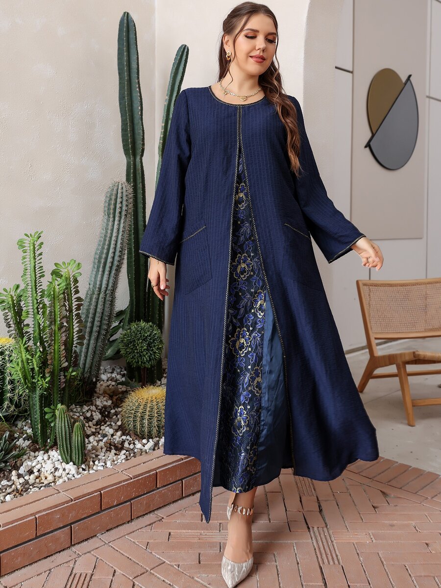 SHEIN Unity Plus Contrast Lace Dual Pocket Tunic Dress - Navy Blue - View 1