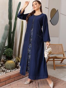 SHEIN Unity Plus Contrast Lace Dual Pocket Tunic Dress - Navy Blue - View 3