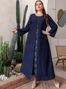 SHEIN Unity Plus Contrast Lace Dual Pocket Tunic Dress - Navy Blue - View 5