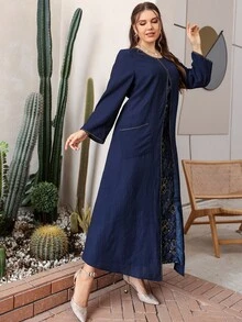 SHEIN Unity Plus Contrast Lace Dual Pocket Tunic Dress - Navy Blue - View 6