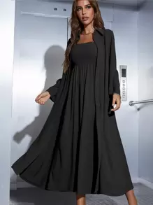 Seusyu 打褶吊帶連衣裙和開門襟外套 - 黑色 - 查看 1