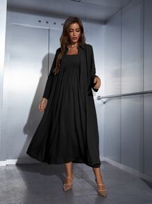 Seusyu 打褶吊帶連衣裙和開門襟外套 - 黑色 - 查看 4