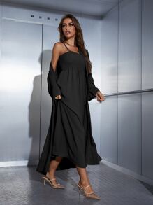 Seusyu 打褶吊帶連衣裙和開門襟外套 - 黑色 - 查看 6