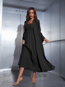 Seusyu 打褶吊帶連衣裙和開門襟外套 - 黑色 - 查看 7