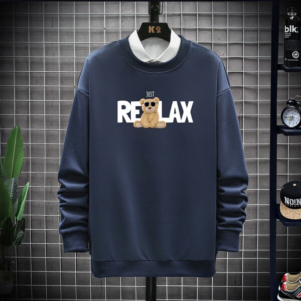 

Men Bear & Slogan Graphic Drop Shoulder Sweatshirt, Navy blue