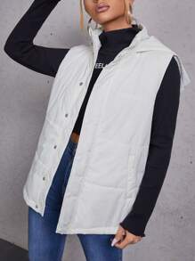 SHEIN Single Breasted & Zipper Placket Hooded Vest Padded Coat - White - View 1