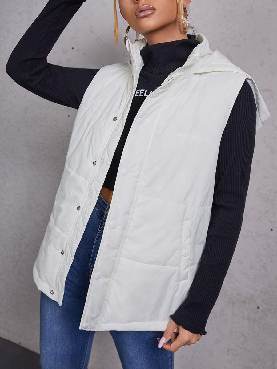 SHEIN Single Breasted & Zipper Placket Hooded Vest Padded Coat - White - View 1