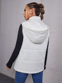 SHEIN Single Breasted & Zipper Placket Hooded Vest Padded Coat - White - View 2