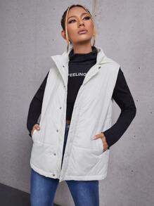 SHEIN Single Breasted & Zipper Placket Hooded Vest Padded Coat - White - View 4