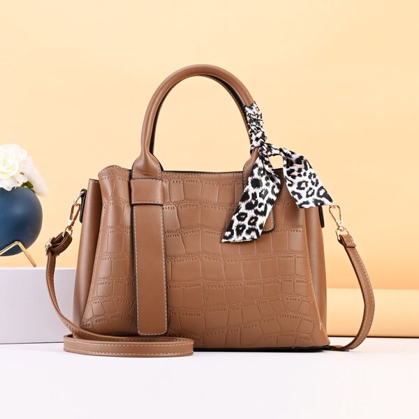 

Twilly Scarf Decor Crocodile Embossed Top Handle Bag, Khaki