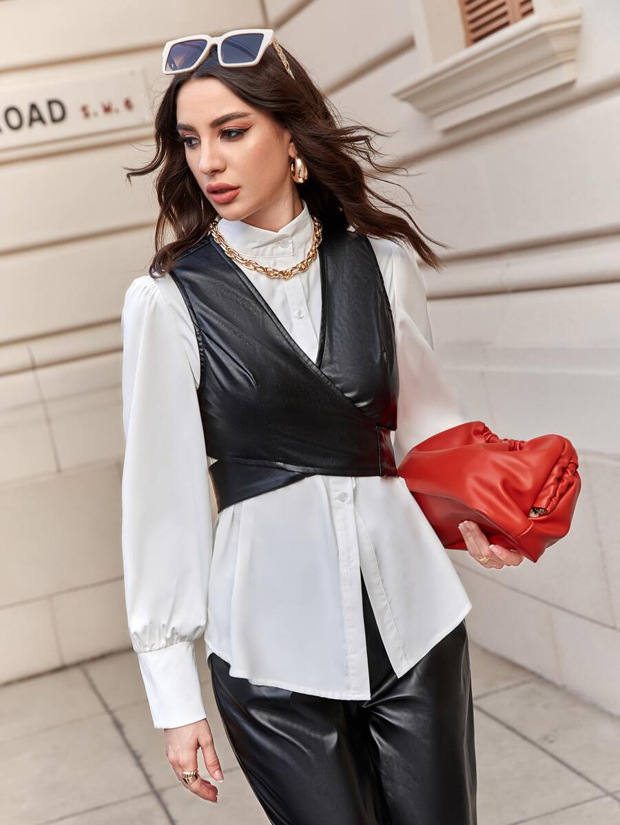 Mulvari con abertura Chaleco & de manga farol Blusa - Blanco y Negro - Ver 1