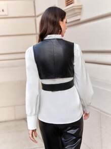 Mulvari con abertura Chaleco & de manga farol Blusa - Blanco y Negro - Ver 2