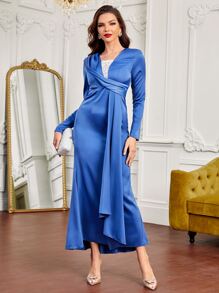 SHEIN Belle Lace Insert Drape Side Dress - Blue - View 1