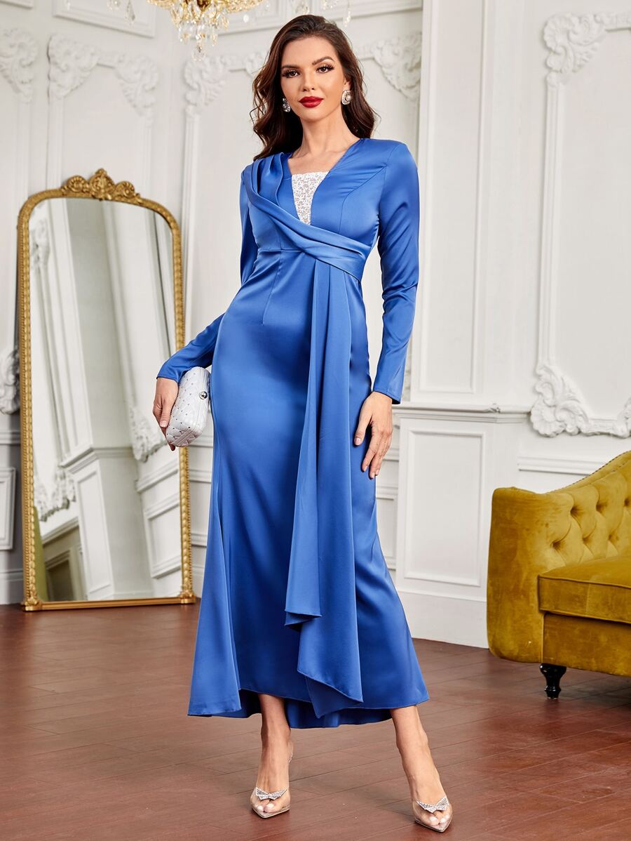 SHEIN Belle Lace Insert Drape Side Dress - Blue - View 1