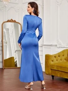 SHEIN Belle Lace Insert Drape Side Dress - Blue - View 2