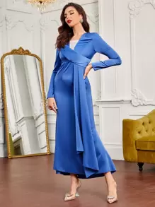 SHEIN Belle Lace Insert Drape Side Dress - Blue - View 4