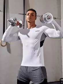 Fitness Men Colour Block Top-stitching Letter Graphic Raglan Sleeve Sports Tee - White - View 1