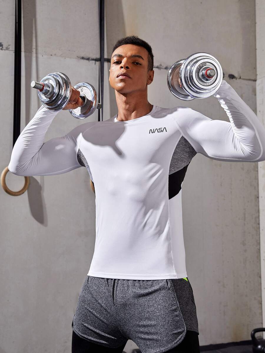 Fitness Men Colour Block Top-stitching Letter Graphic Raglan Sleeve Sports Tee - White - View 1