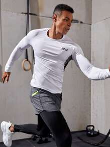 Fitness Men Colour Block Top-stitching Letter Graphic Raglan Sleeve Sports Tee - White - View 3