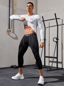 Manfinity Fitness 男友风格 男士字母胶带腰部明线运动紧身裤 压缩紧身裤 压缩裤 Menshein Sport Seamluxe 压缩裤 压缩紧身裤 - 黑色 - 查看 5