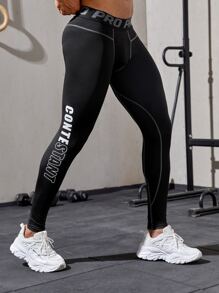 Fitness Boyfriend Style Men Letter Graphic Topstitching Sports Tights - Black - View 1