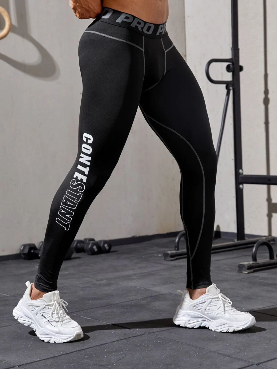 Fitness Boyfriend Style Men Letter Graphic Topstitching Sports Tights - Black - View 1