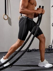 Fitness 男友风男士字母胶带明线运动裤袜 - 黑色 - 查看 1