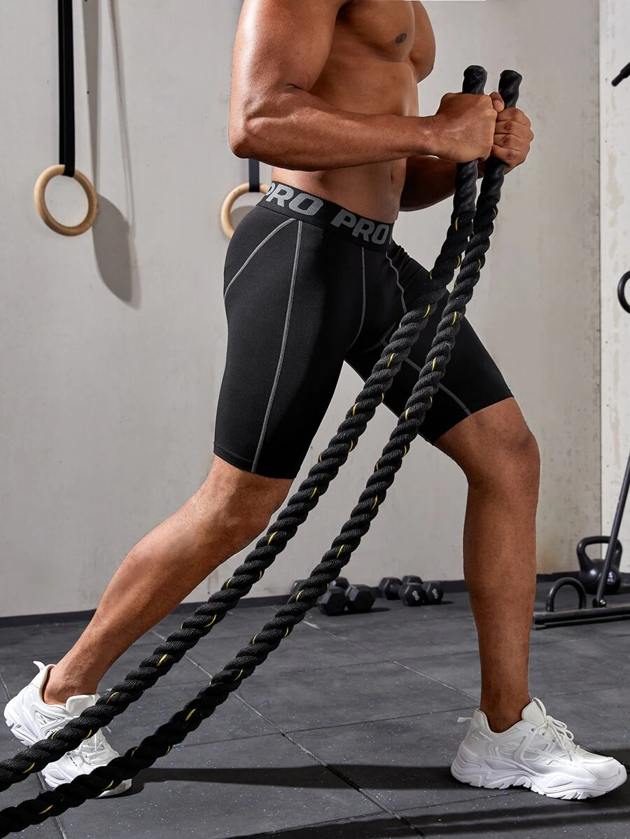 Fitness 男友风男士字母胶带明线运动裤袜 - 黑色 - 查看 1