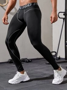 Fitness Boyfriend Style Men Letter Graphic Topstitching Sports Tights - Black - View 4