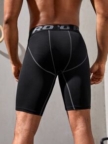 Fitness 男友风男士字母胶带明线运动裤袜 - 黑色 - 查看 2