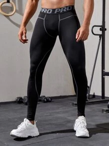 Fitness Boyfriend Style Men Letter Graphic Topstitching Sports Tights - Black - View 5