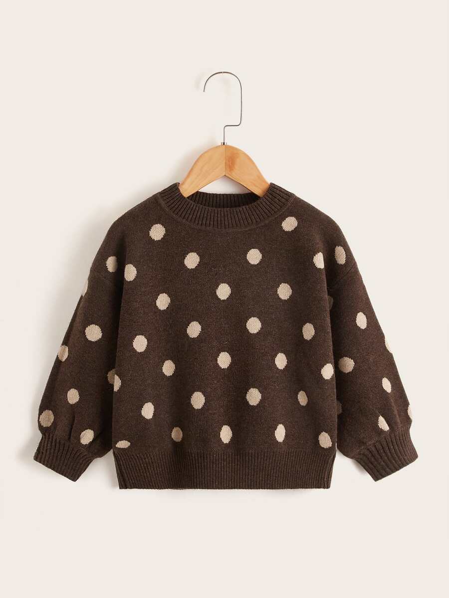 Toddler Girls Polka Dot Pattern Lantern Sleeve Jumper - Coffee Brown - View 1