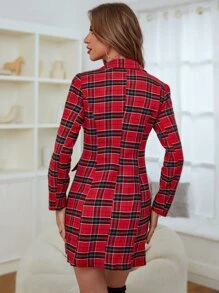Tartan Print Double Breasted Blazer Dress - Red - View 2
