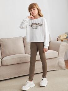 SHEIN Tween Girl Letter Graphic Drop Shoulder Pullover & Leggings - Multicolor - View 4