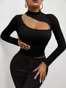 SHEIN SXY Cutout Front Rib-knit Tee - Black - View 1