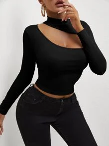 SHEIN SXY Cutout Front Rib-knit Tee - Black - View 3