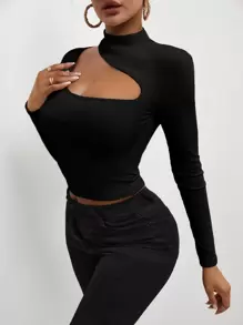 SHEIN SXY Cutout Front Rib-knit Tee - Black - View 4