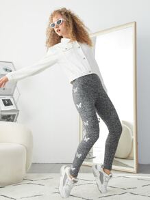 SHEIN 青少年女孩蝴蝶圖案寬腰帶緊身打底褲