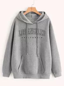INAWLY Letter Graphic Kangaroo Pocket Drop Shoulder Drawstring Thermal Hoodie - Grey - View 1
