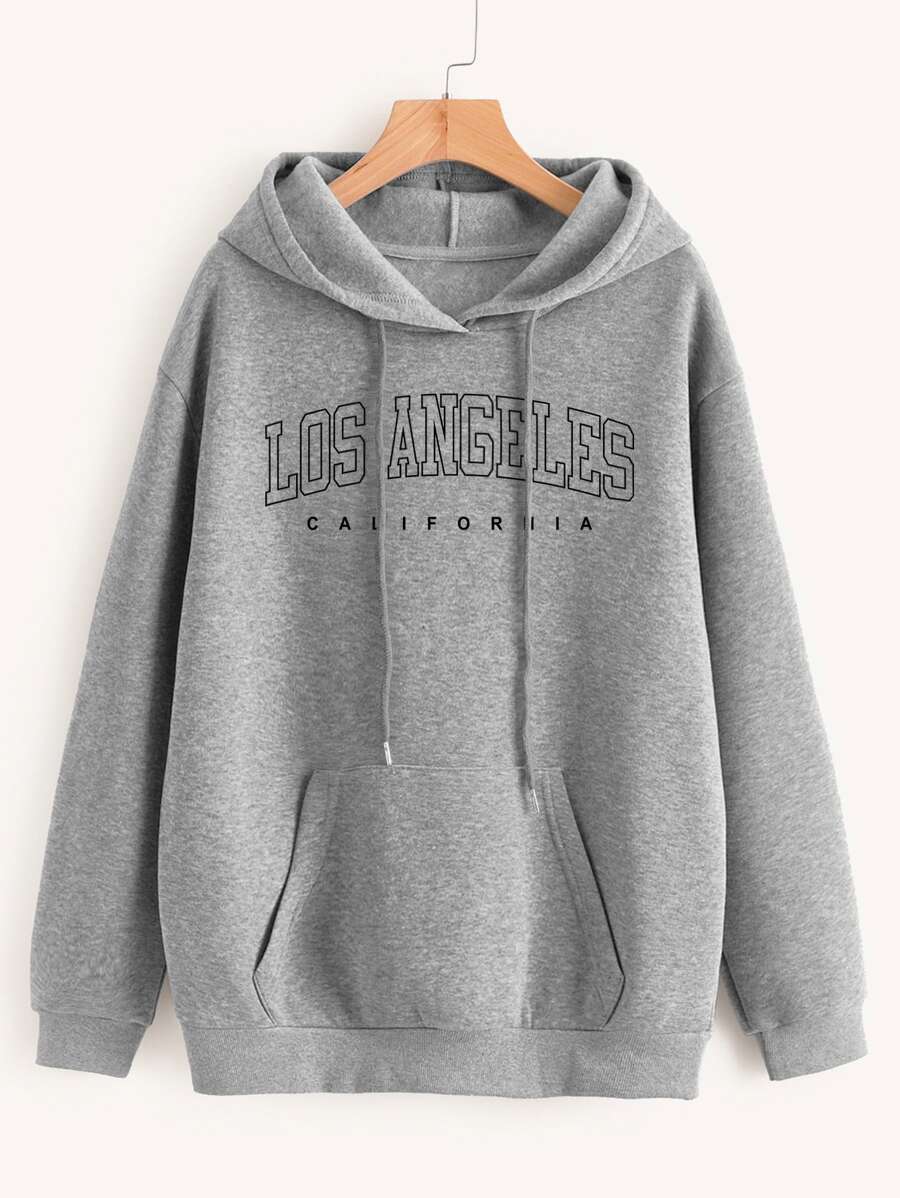 INAWLY Letter Graphic Kangaroo Pocket Drop Shoulder Drawstring Thermal Hoodie - Grey - View 1