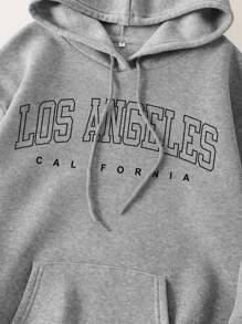 INAWLY Letter Graphic Kangaroo Pocket Drop Shoulder Drawstring Thermal Hoodie - Grey - View 5