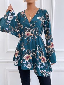 SHEIN VCAY Floral Print V Neck Bell Sleeve Longline Blouse - Multicolor - View 1
