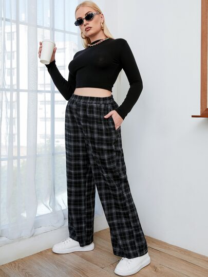 بنطلون بخصر مطاط مربع النقش مقاس كبير