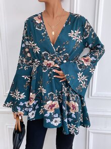 SHEIN VCAY Floral Print V Neck Bell Sleeve Longline Blouse - Multicolor - View 5