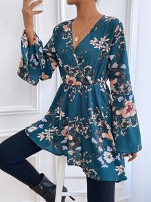 SHEIN VCAY Floral Print V Neck Bell Sleeve Longline Blouse - Multicolor - View 6