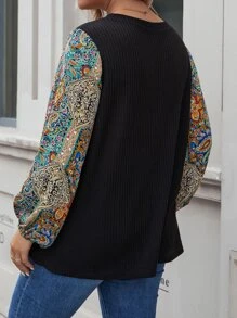 SHEIN LUNE Plus Paisley Print Lantern Sleeve Textured Tee - Black - View 2